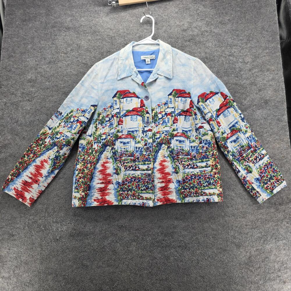 Coldwater Creek Jacket Womens Large Painterly Houses Art Print Linen Rayon